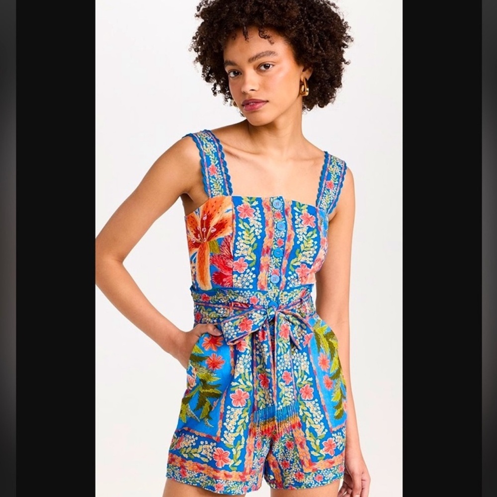 Farm Rio Stitched Garden Blue Romper sz S